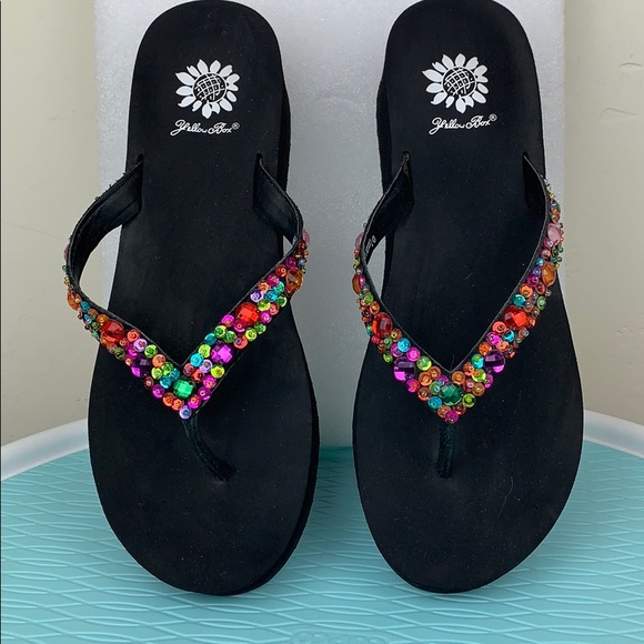 Yellow Box Shoes - Yellow Box sandals with multi colored gems